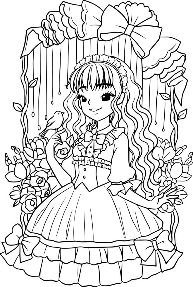 pagina da colorare rosa linea arte bellissimo cartone animato illustrazione clipart bianco e nero principessa ragazza vettore