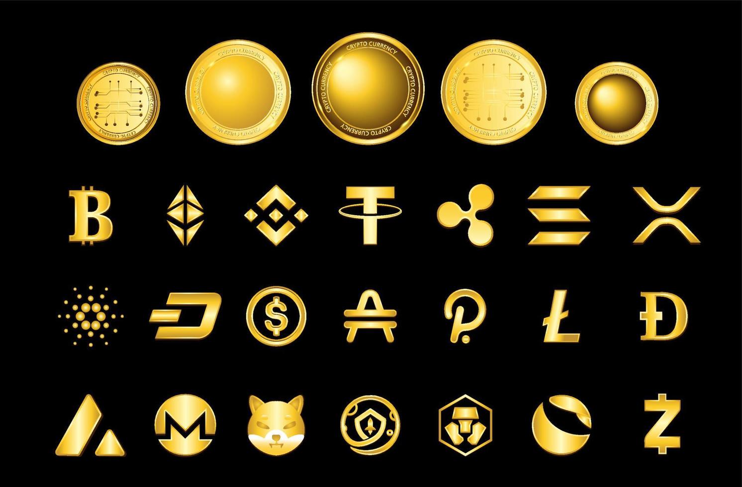 set di icone simbolo di valuta cripto con moneta d'oro vettore