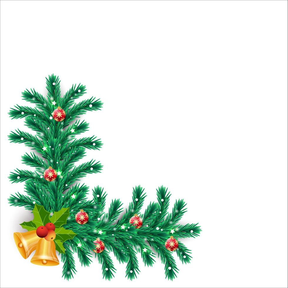 cornice natalizia con palline decorative e jingle bells. cornice di Natale con foglie verdi e bacche rosse. cornice natalizia, elemento natalizio, foglie verdi, palline decorative, bacche rosse, luci stellari. vettore