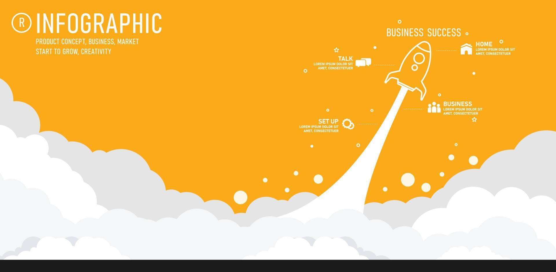 infografica di avvio con modello di informazioni di avvio. razzo astratto illustrazione vettoriale su sfondo bianco. possono essere utilizzati per la pianificazione strategica, i layout, i flussi di lavoro, le procedure aziendali e l'istruzione