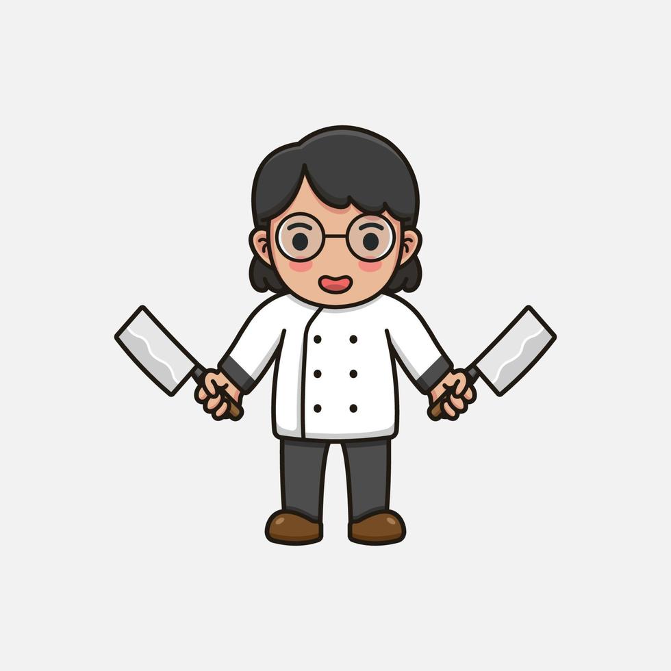 simpatico chef con grembiule che trasporta coltelli da macellaio vettore