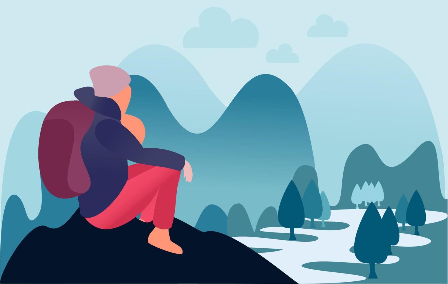 giovane donna, turista, alpinista, escursionista sul bordo di una scogliera con uno zaino. il viaggiatore si siede su una roccia ammirando il paesaggio con montagne e fiume. vettore