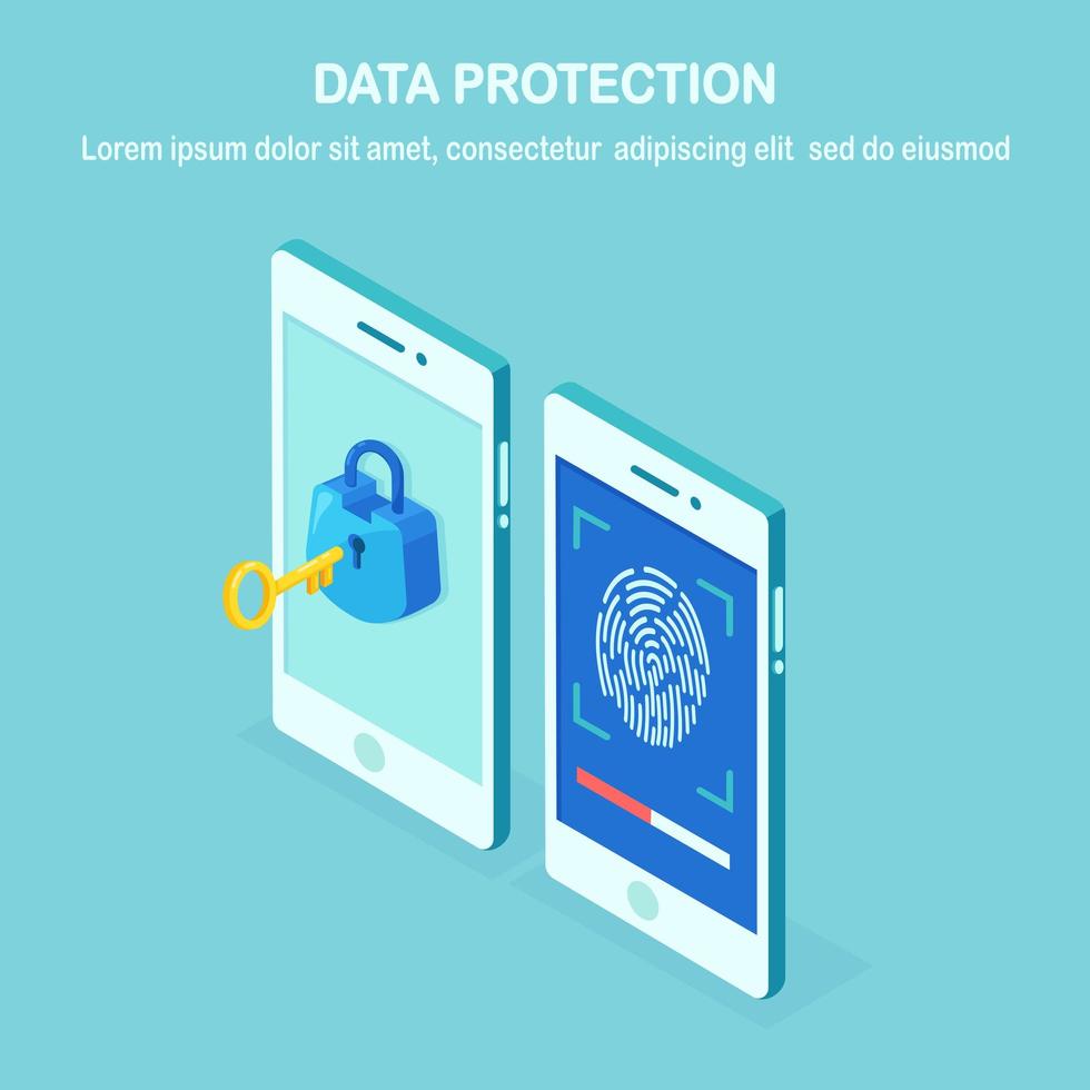 protezione dati. scansione dell'impronta digitale sul telefono cellulare. sistema di sicurezza dell'identità dello smartphone. concetto di firma digitale. tecnologia di identificazione biometrica, accesso personale. Disegno vettoriale di telefono isometrico 3D