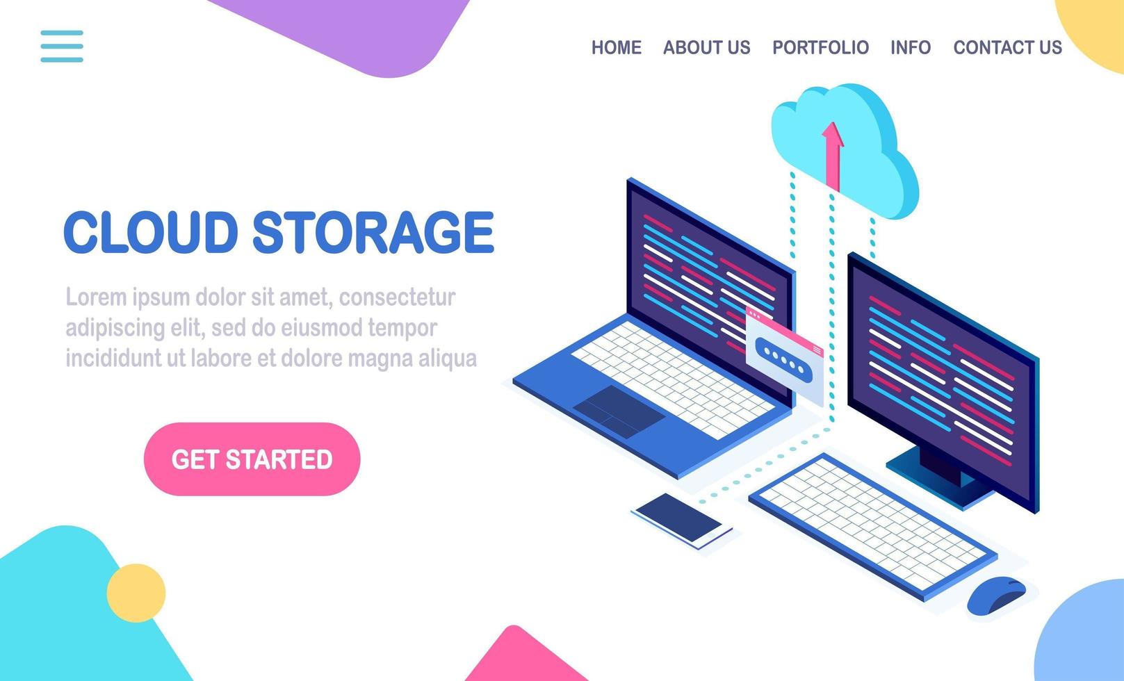 tecnologia di archiviazione cloud. backup dei dati. Computer portatile isometrico 3d, computer, pc con telefono cellulare isolato su priorità bassa. servizio di hosting per sito web. disegno vettoriale per banner