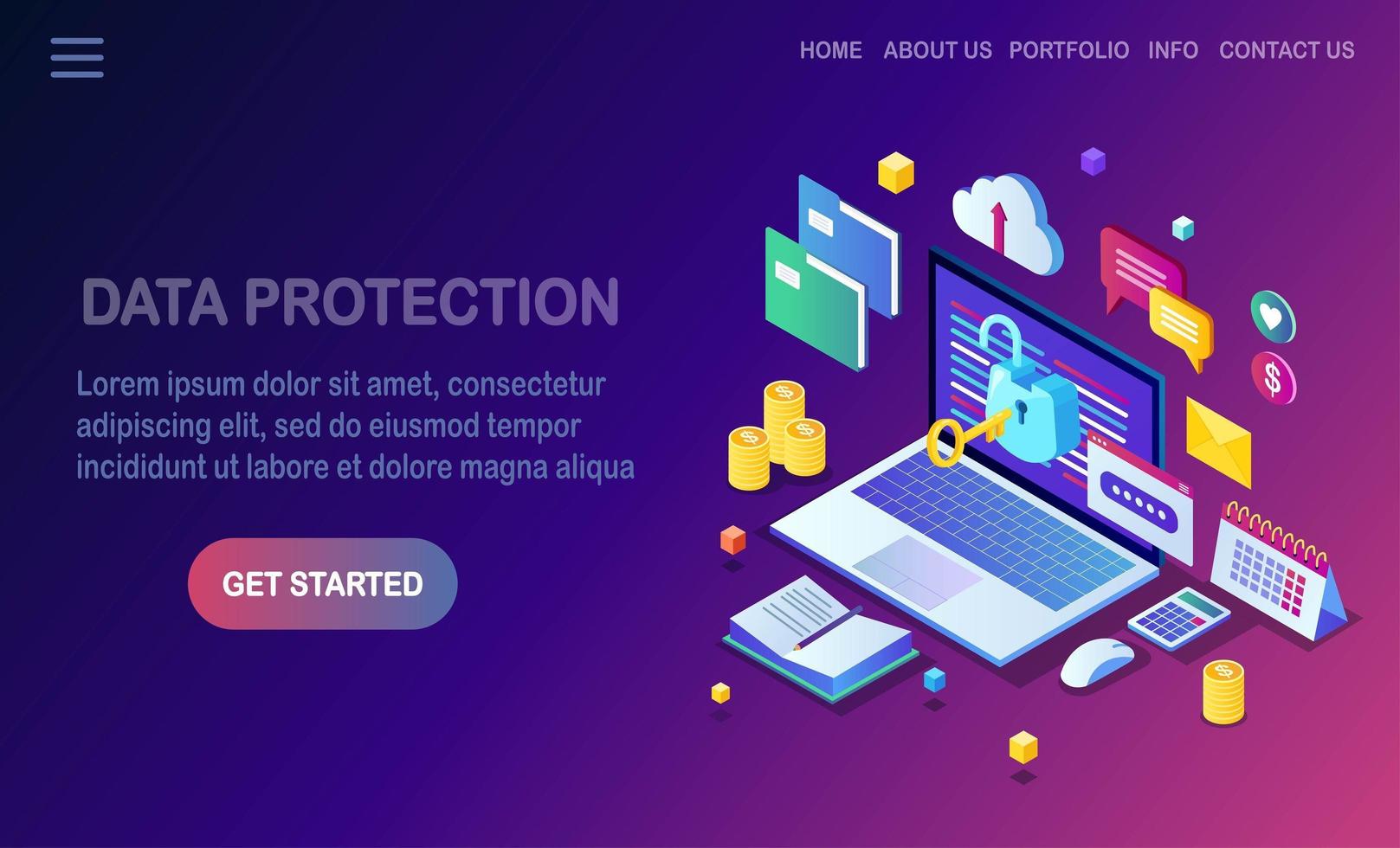 protezione dati. sicurezza internet, accesso alla privacy con password. Pc computer isometrico 3d con chiave, lucchetto aperto, cartella, cloud, documenti, laptop, soldi. disegno vettoriale per banner