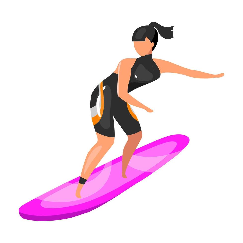 surf piatto illustrazione vettoriale. esperienza sportiva estrema. stile di vita attivo. attività divertenti all'aperto per le vacanze estive. sportiva in equilibrio sul personaggio dei cartoni animati isolato tavola da surf su sfondo bianco vettore