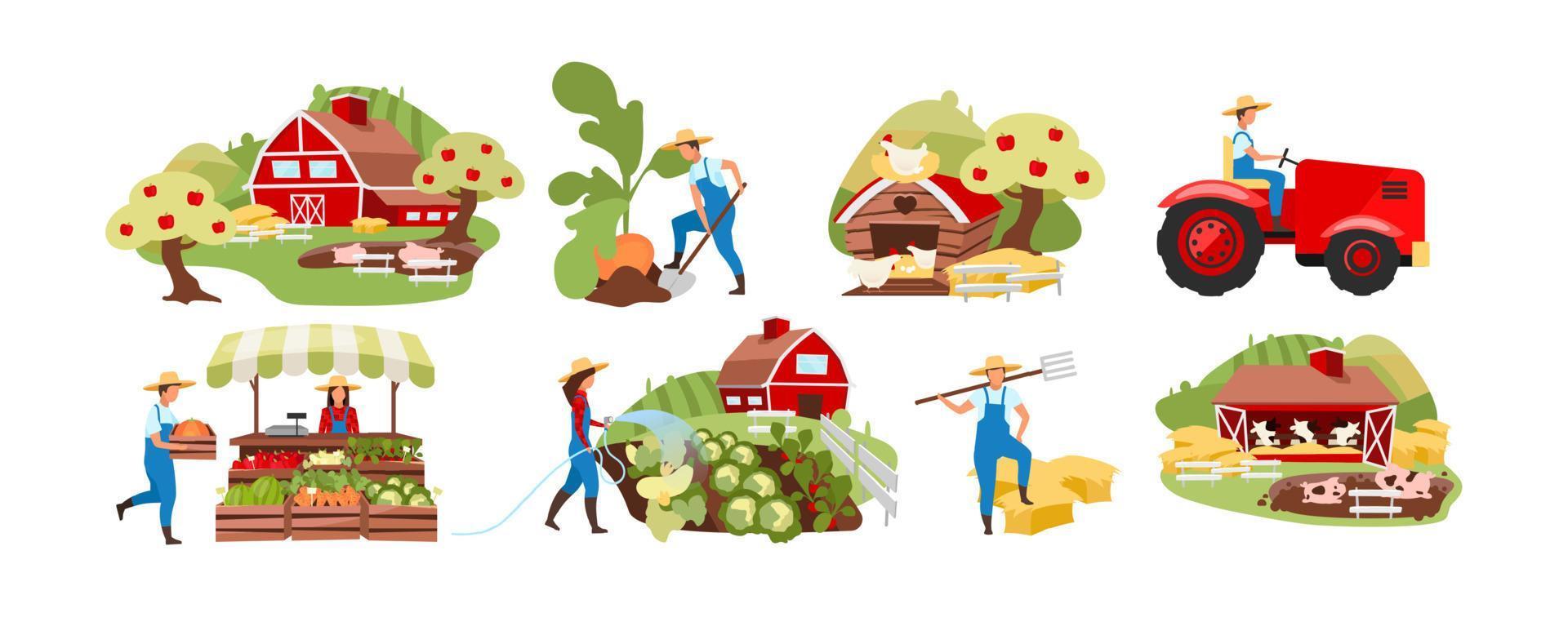 set di illustrazioni vettoriali piatte di agricoltura. agricoltura e allevamento, pollame. fattoria biologica di campagna. raccolto autunnale. contadino che lavora su personaggi dei cartoni animati di terreni agricoli rurali. prodotti del mercato degli agricoltori