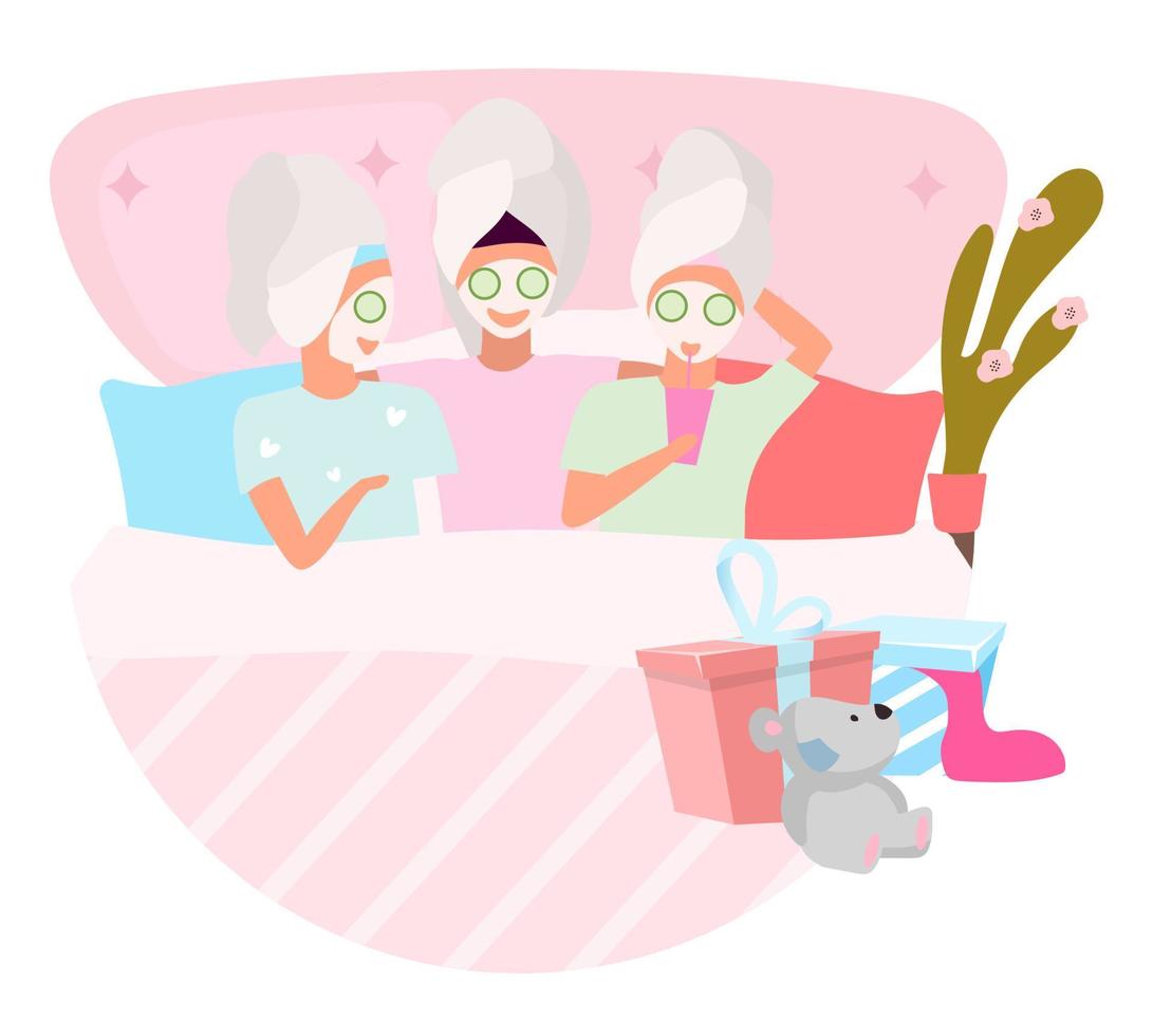 icona di concetto piatto festa termale. amiche che applicano adesivo maschera facciale, clipart. amici che trascorrono del tempo di bellezza insieme. pigiama party, pigiama party. illustrazione di cartone animato isolato su sfondo bianco vettore