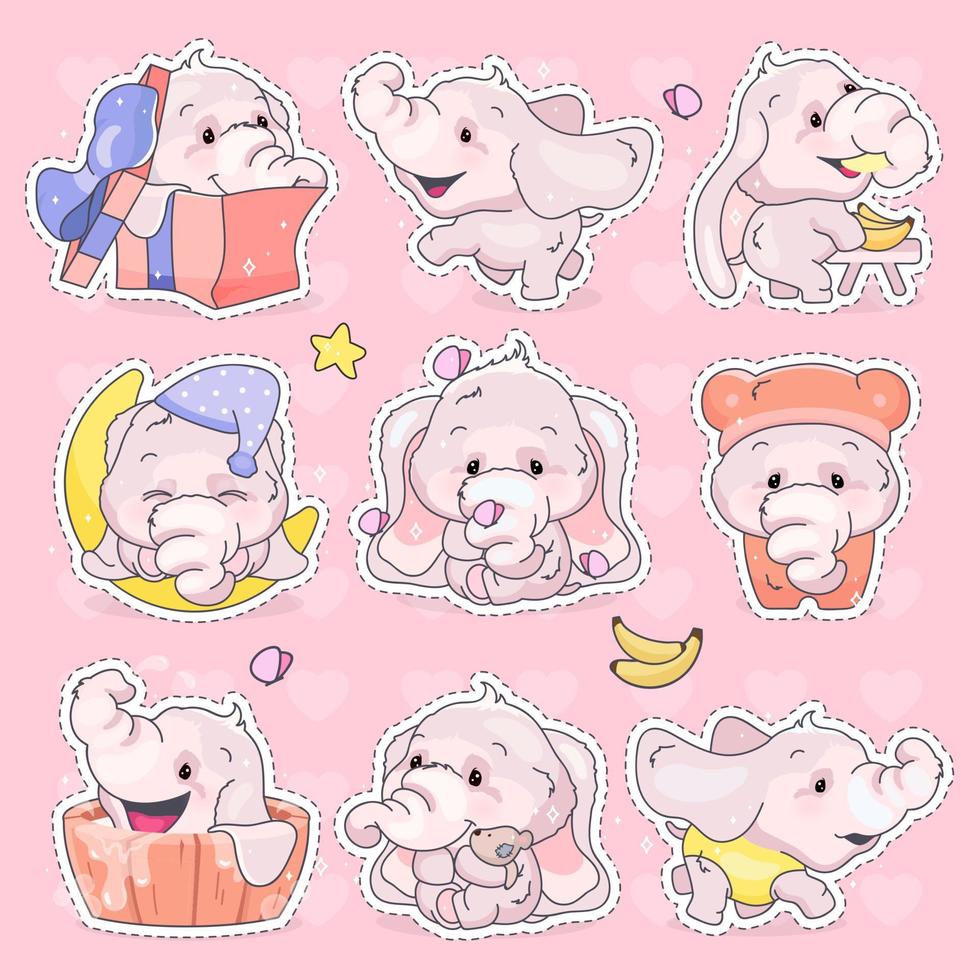 set di personaggi dei cartoni animati kawaii di simpatici elefanti. animale adorabile e divertente diverse pose ed emozioni isolate adesivo, patch, illustrazione per bambini. anime bambina elefanti emoji su sfondo rosa vettore