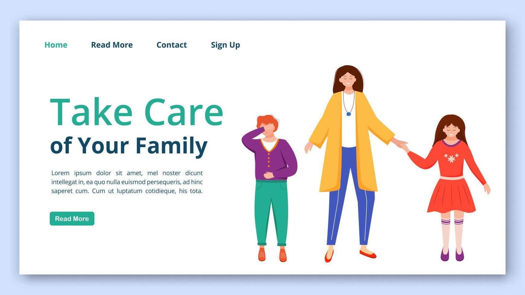 prenditi cura del modello vettoriale della pagina di destinazione della tua famiglia. idea dell'interfaccia del sito Web di relazione di problemi con illustrazioni piatte. layout della home page della madre e dei suoi figli, concetto di fumetto della pagina web
