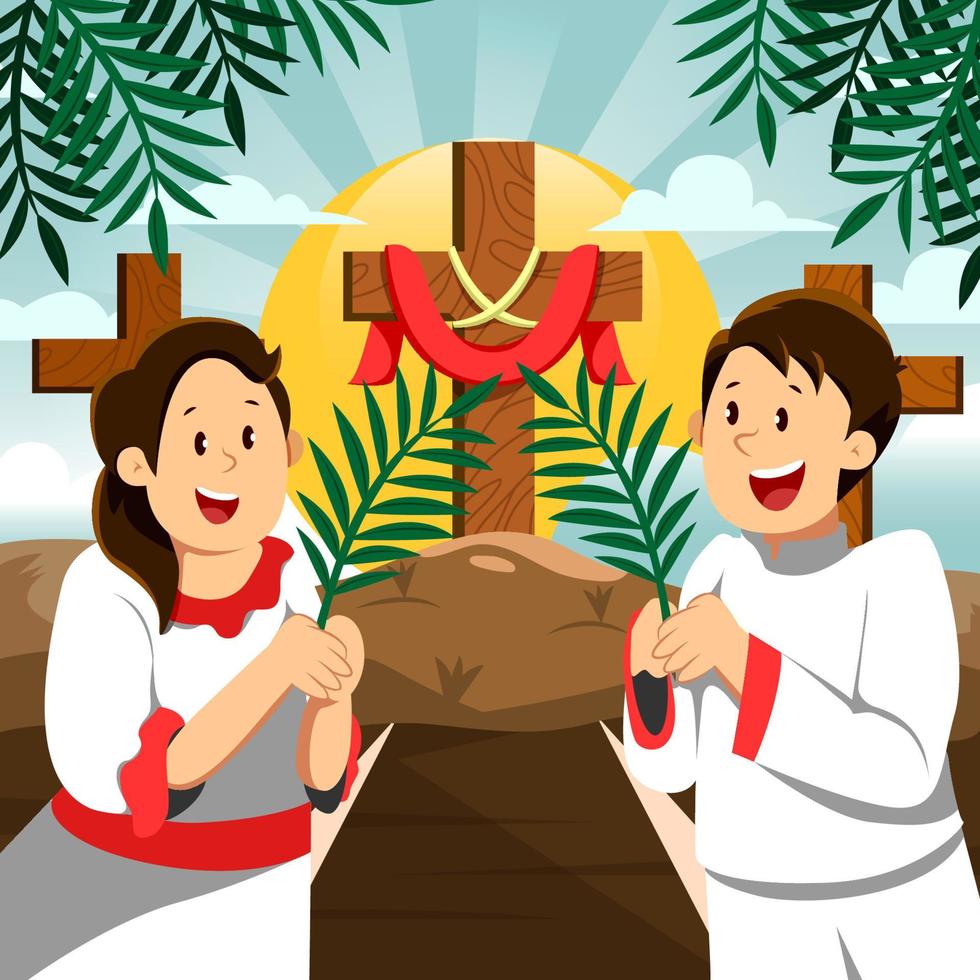 bambini che festeggiano la domenica delle palme con croce e foglie vettore