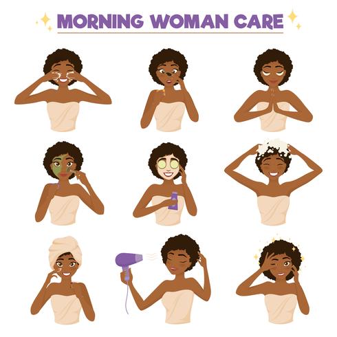 Insieme dell&#39;icona di routine di mattina della donna afroamericana vettore