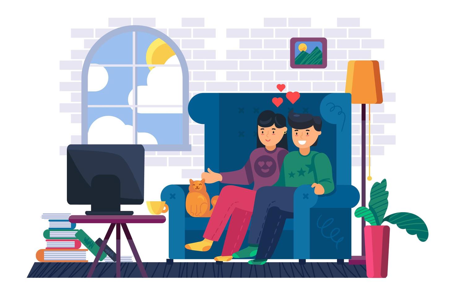 coppia seduta sul divano guarda la tv a casa vettore