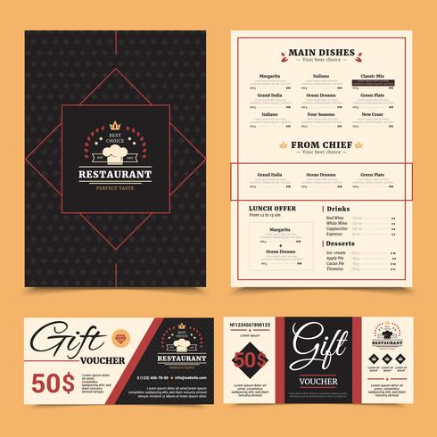 Ristorante Menu Gift Card Set Design vettore