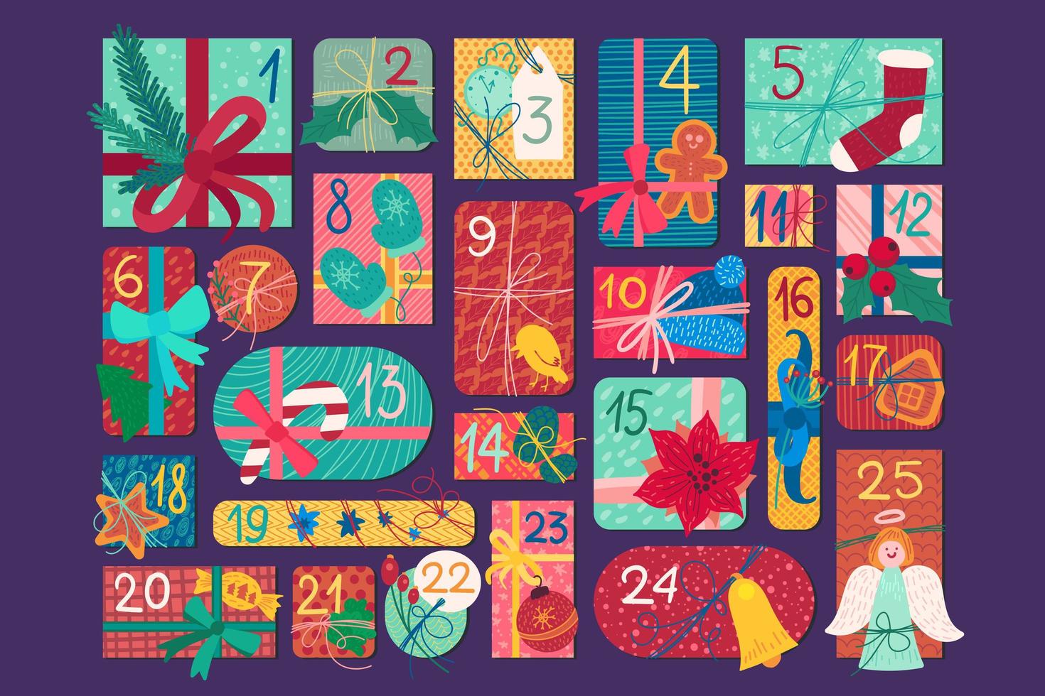 illustrazione vettoriale piatto di Natale festivo calendario dell'avvento