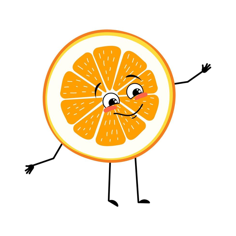 personaggio arancione con emozioni felici, viso, sorriso, occhi, braccia e gambe. fetta di agrumi persona con espressione gioiosa, emoticon di frutta vettore