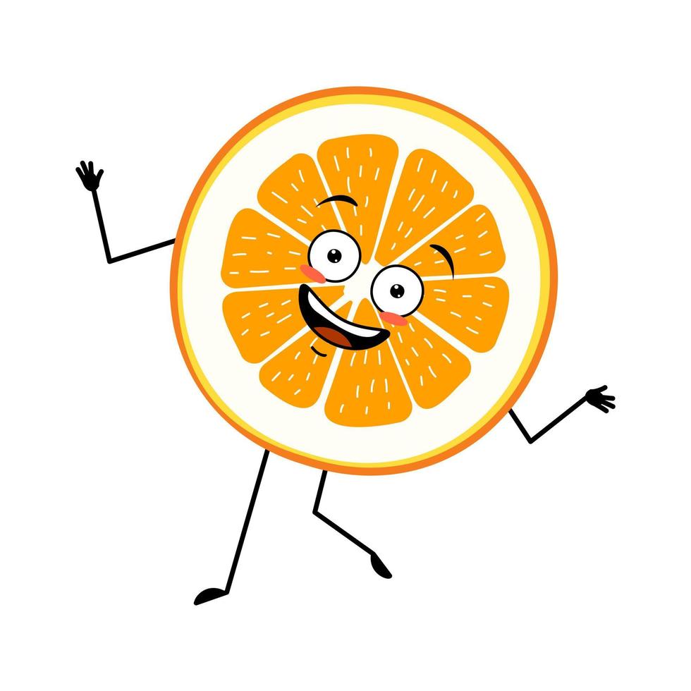 personaggio arancione con emozioni felici, viso, sorriso, occhi, braccia e gambe. fetta di agrumi persona con espressione gioiosa, emoticon di frutta vettore