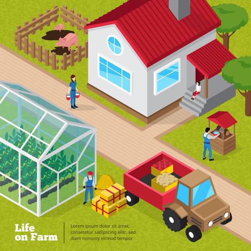 Manifesto isometrico di attività quotidiane Farm Life vettore