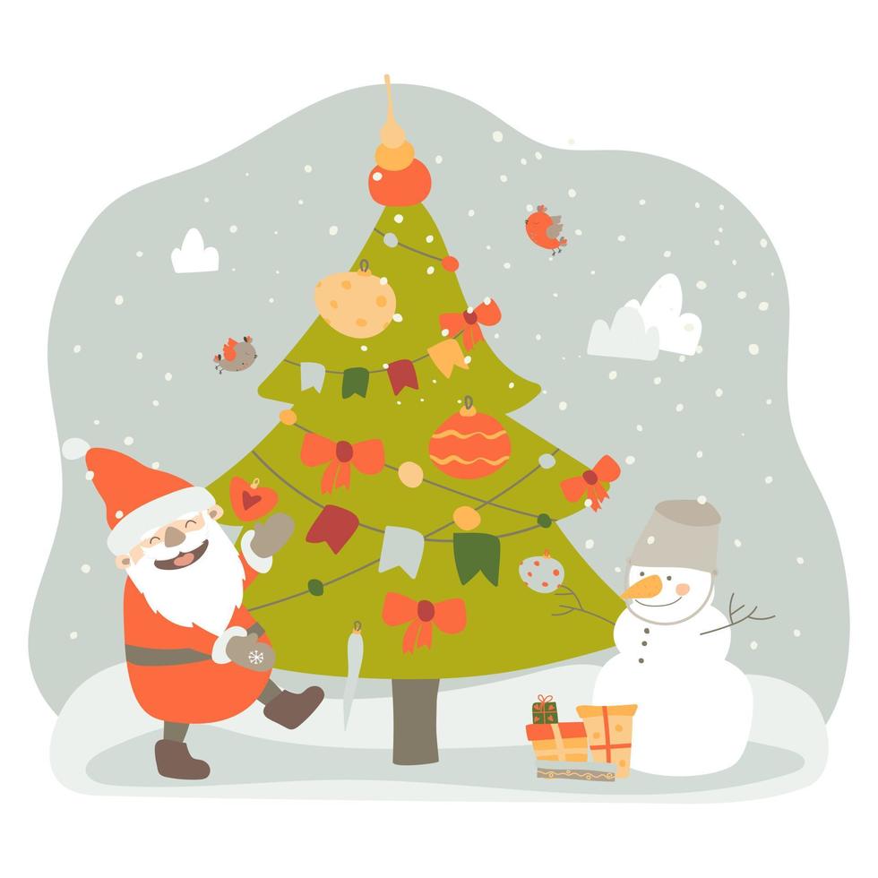 babbo natale ha portato i regali di natale. babbo natale e il pupazzo di neve hanno decorato l'albero di natale. illustrazione vettoriale in stile cartone animato su sfondo bianco. disegno a mano. per la stampa, web design.