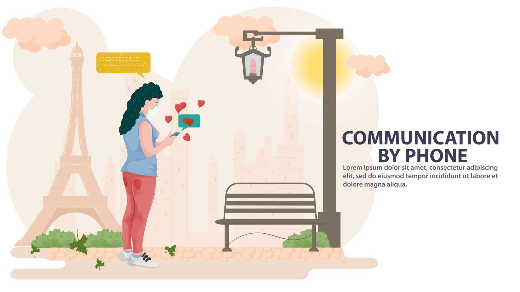 illustrazione di design piatto di una ragazza in un parco sullo sfondo di una città e una torre che chatta online su un telefono cellulare vettore