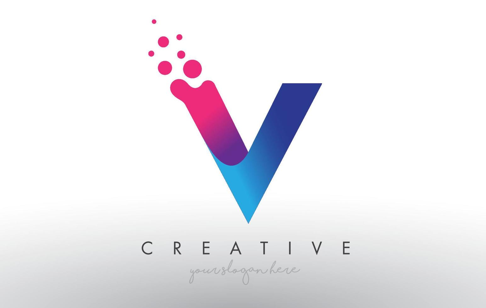design della lettera v con punti creativi, cerchi a bolle e colori rosa blu vettore