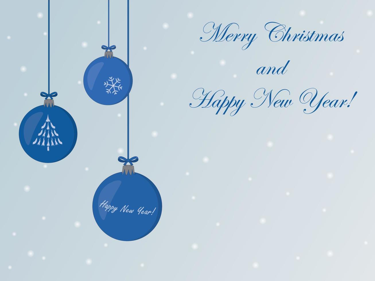 buon natale e felice anno nuovo biglietto di auguri con palline blu su sfondo argento illustrazione vettoriale