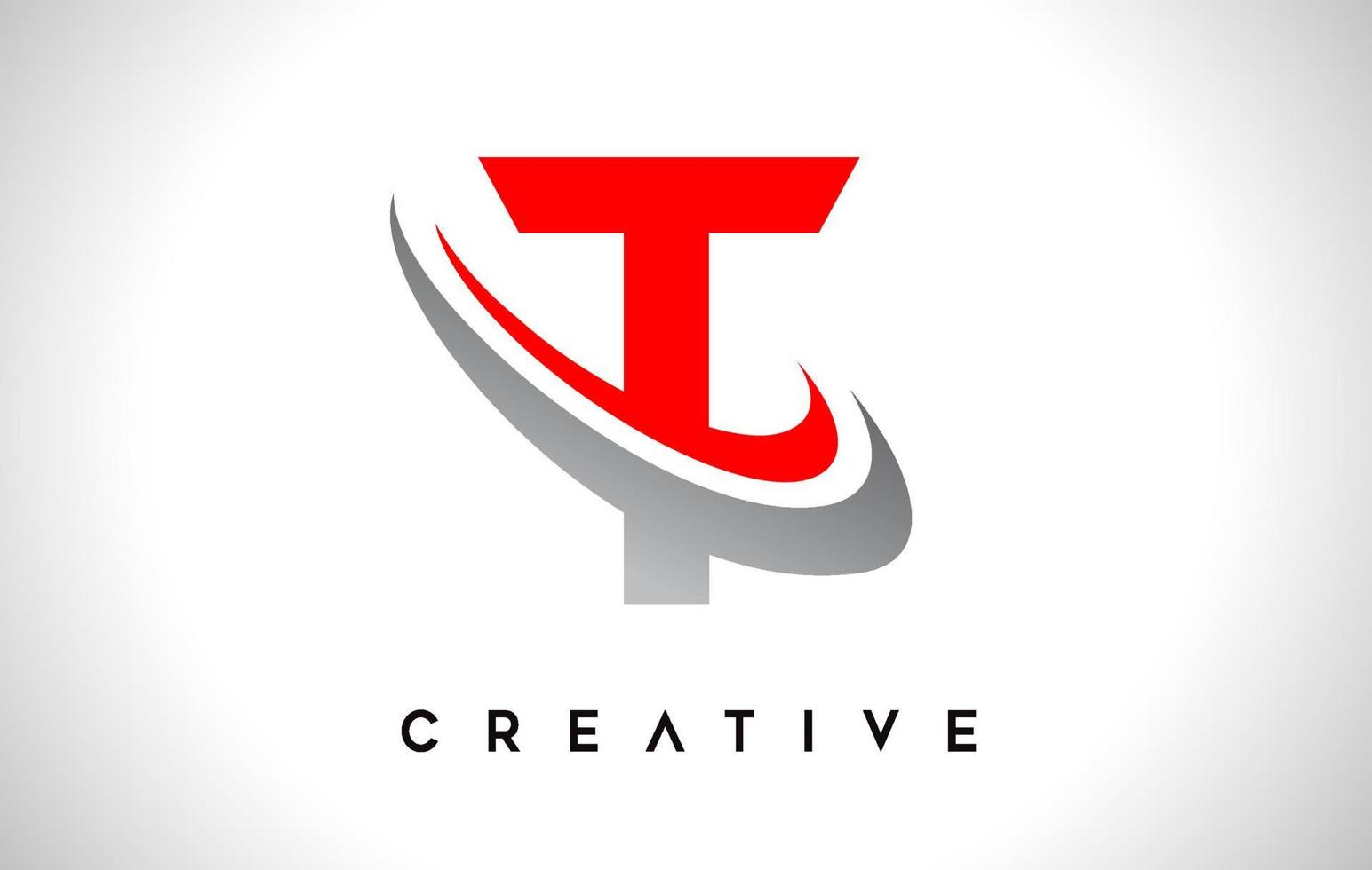 logo della lettera t. vettore di design lettera t con vettore swash grigio rosso