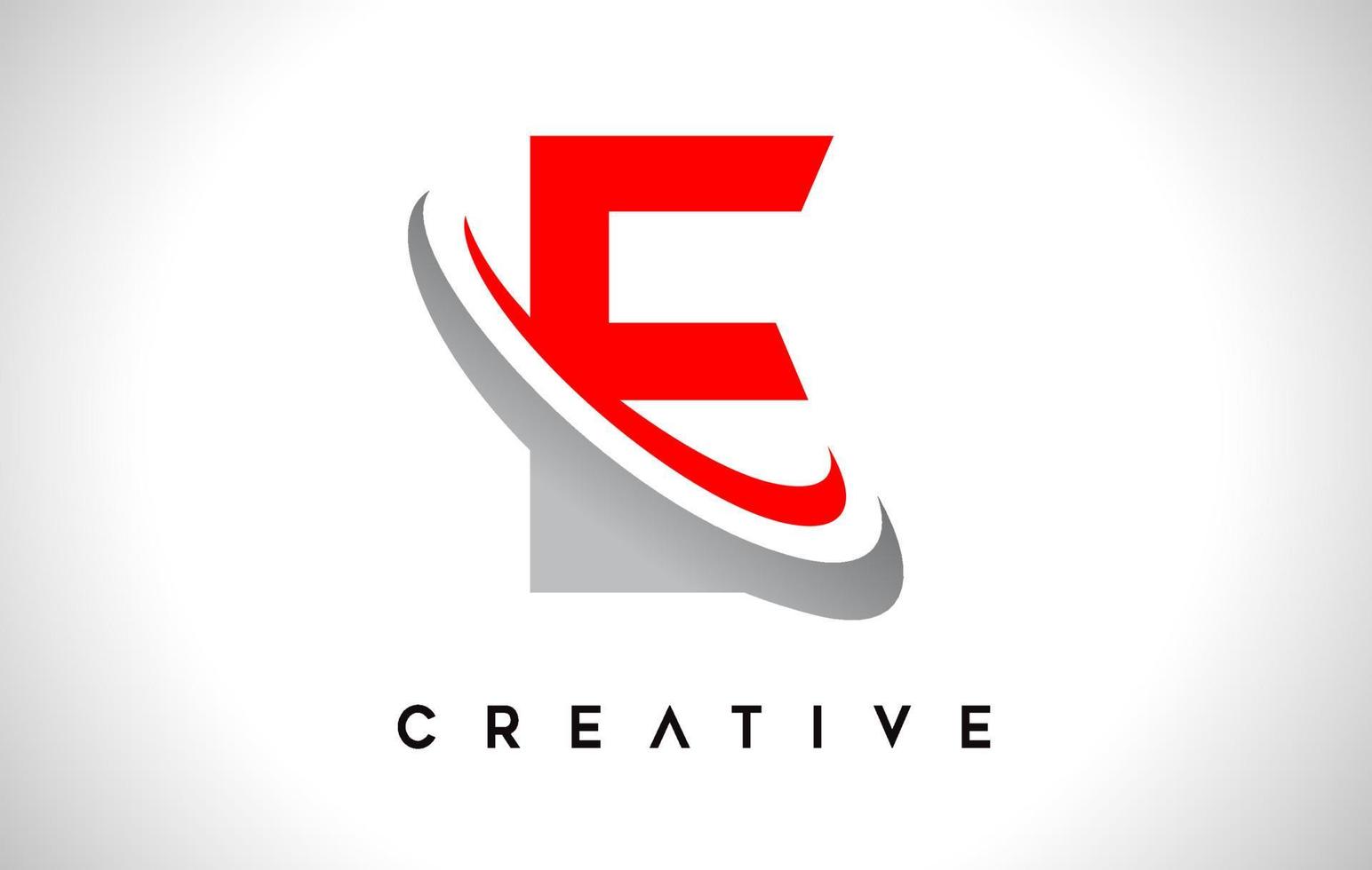 lettera e logo. vettore di design della lettera e con vettore swash grigio rosso