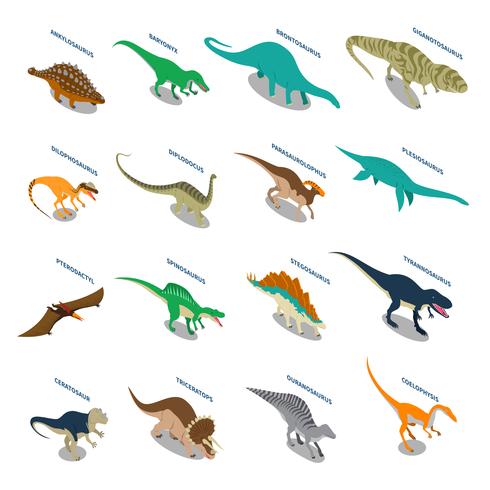 Set di icone isometriche di dinosauri vettore