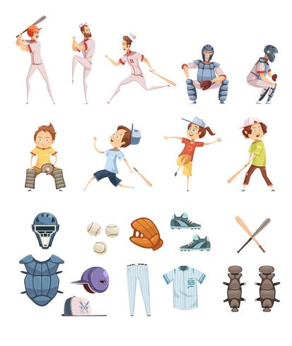Icone di stile retrò di baseball del fumetto impostate vettore