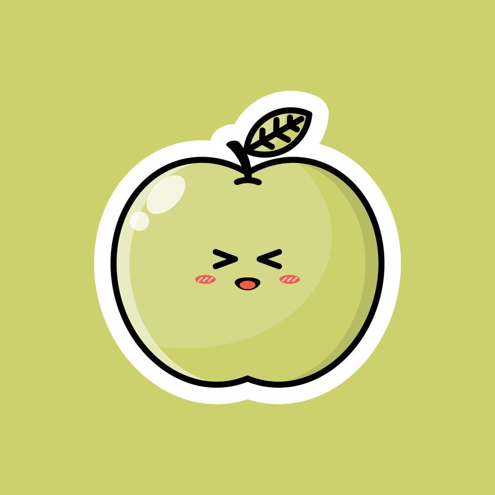 simpatico personaggio dei cartoni animati di frutta con espressione sorridente felice. disegno vettoriale piatto perfetto per icone promozionali, mascotte o adesivi. illustrazione del viso di frutta mela verde.