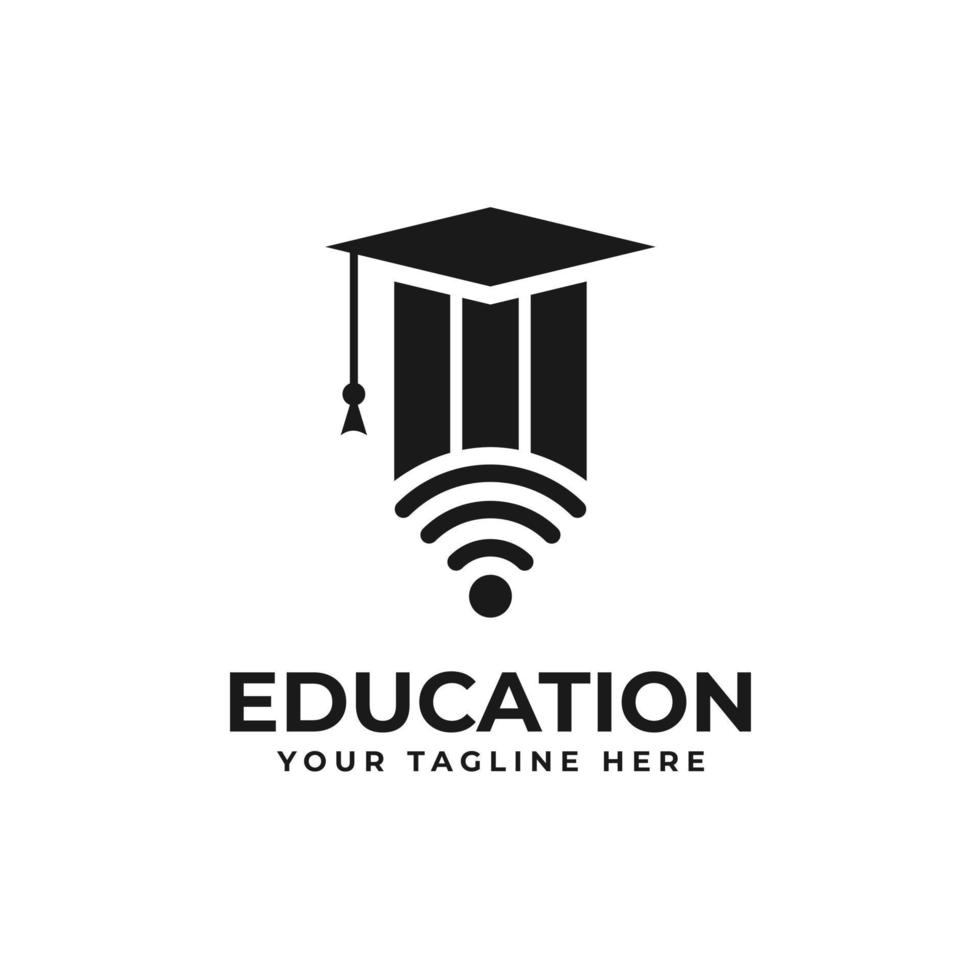 design del logo dell'istruzione online con berretto di laurea, matita, vettore icona del segnale