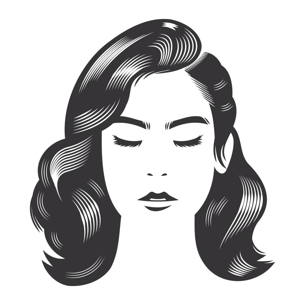 viso di donna con acconciature vintage per illustrazione di arte di linea di vettore di capelli lunghi.