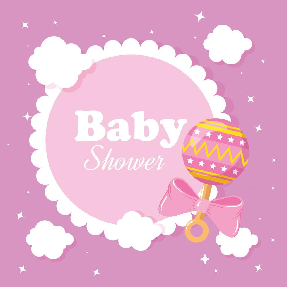 biglietto per baby shower con sonaglio e decorazione vettore