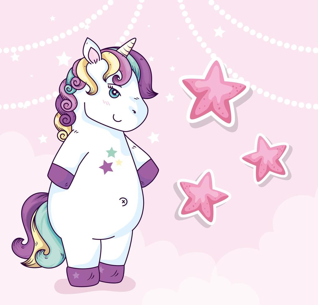 simpatica fantasia di unicorno con decorazione di stelle vettore
