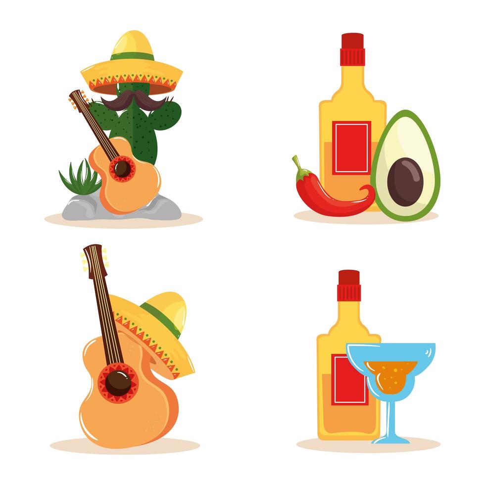 cactus messicano chitarra cappello bottiglia di tequila peperoncino avocado e cocktail design vettoriale