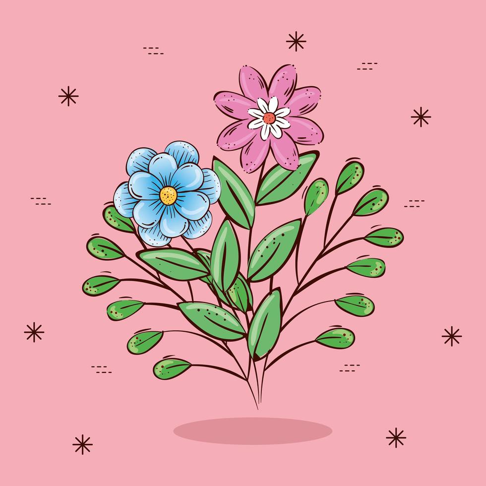 fiori con foglie su sfondo rosa disegno vettoriale