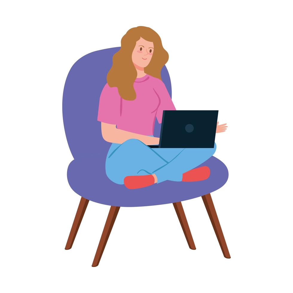 donna che lavora in telelavoro con laptop seduto su una sedia vettore