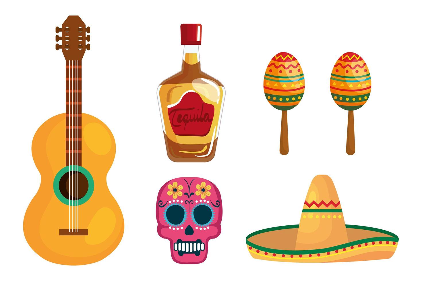 bottiglia di tequila messicana cappello con teschio di chitarra e disegno vettoriale di maracas