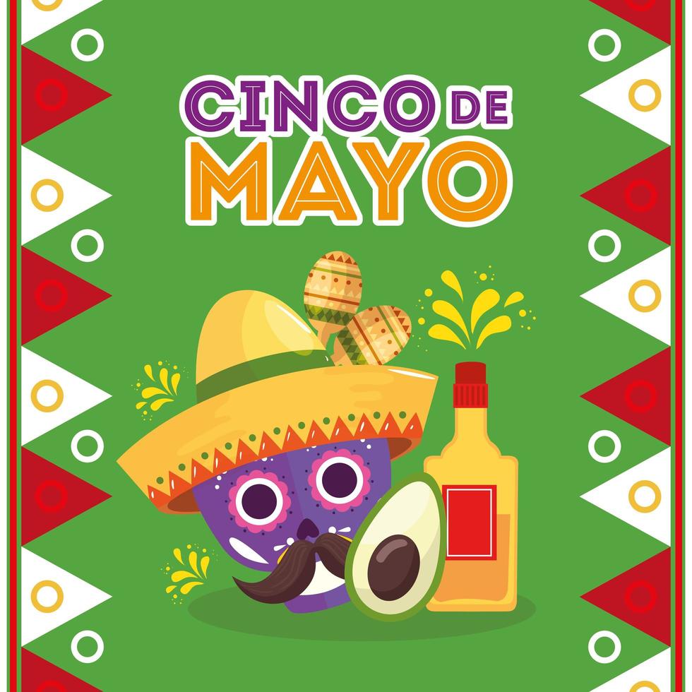 teschio di bottiglia di tequila messicana con cappello e avocado di disegno vettoriale cinco de mayo