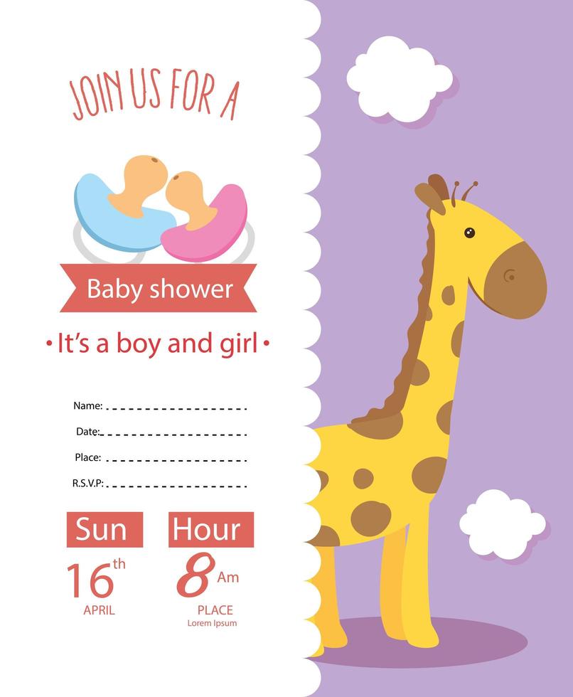 biglietto per baby shower con giraffa e icone vettore