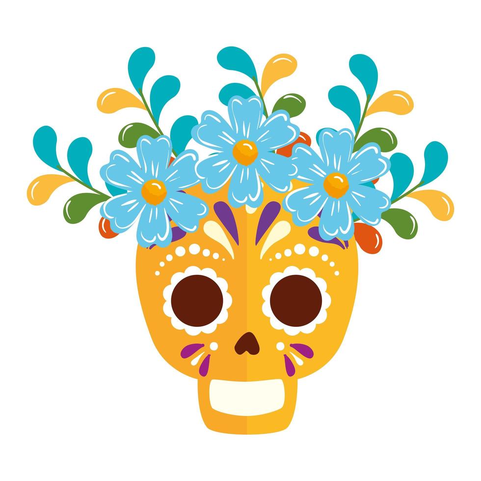 teschio messicano isolato con disegno vettoriale corona di fiori