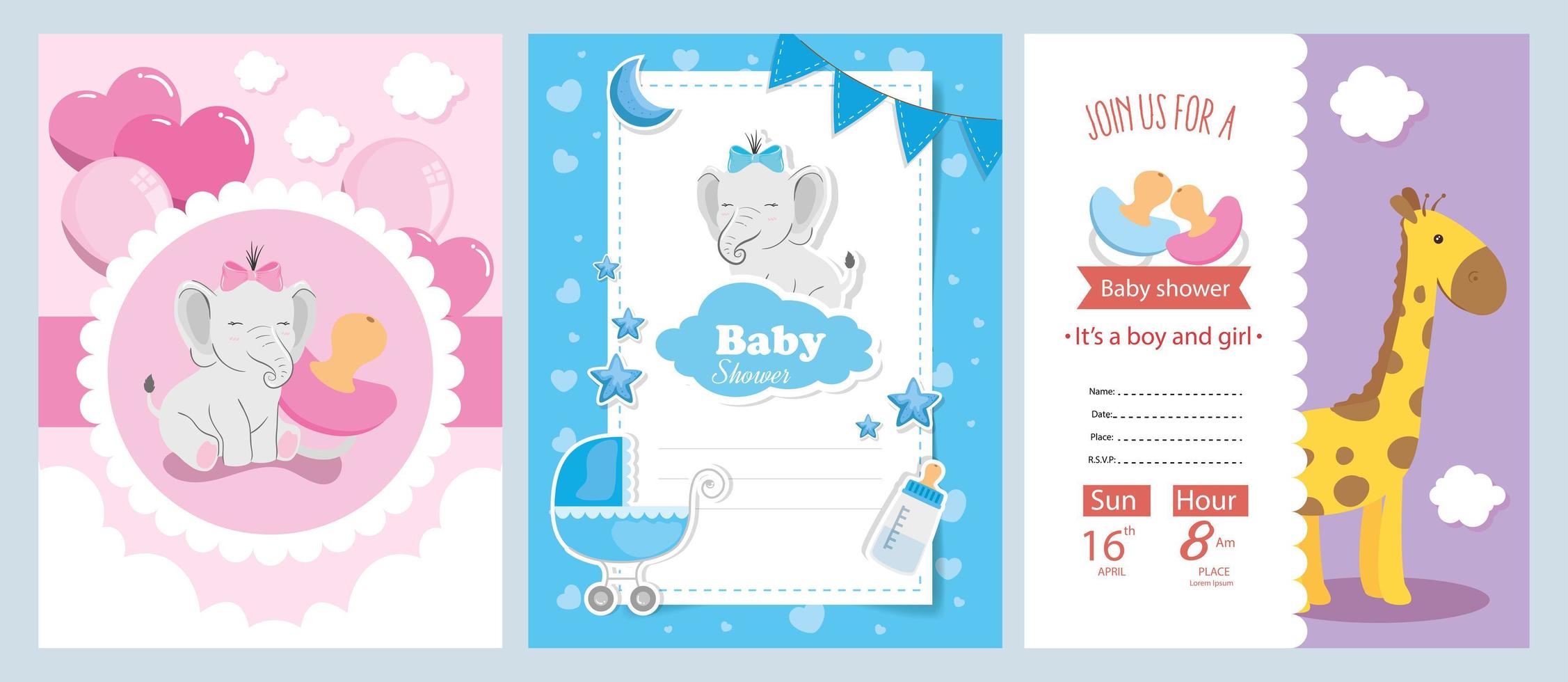 set di biglietti per baby shower con decorazioni carine vettore