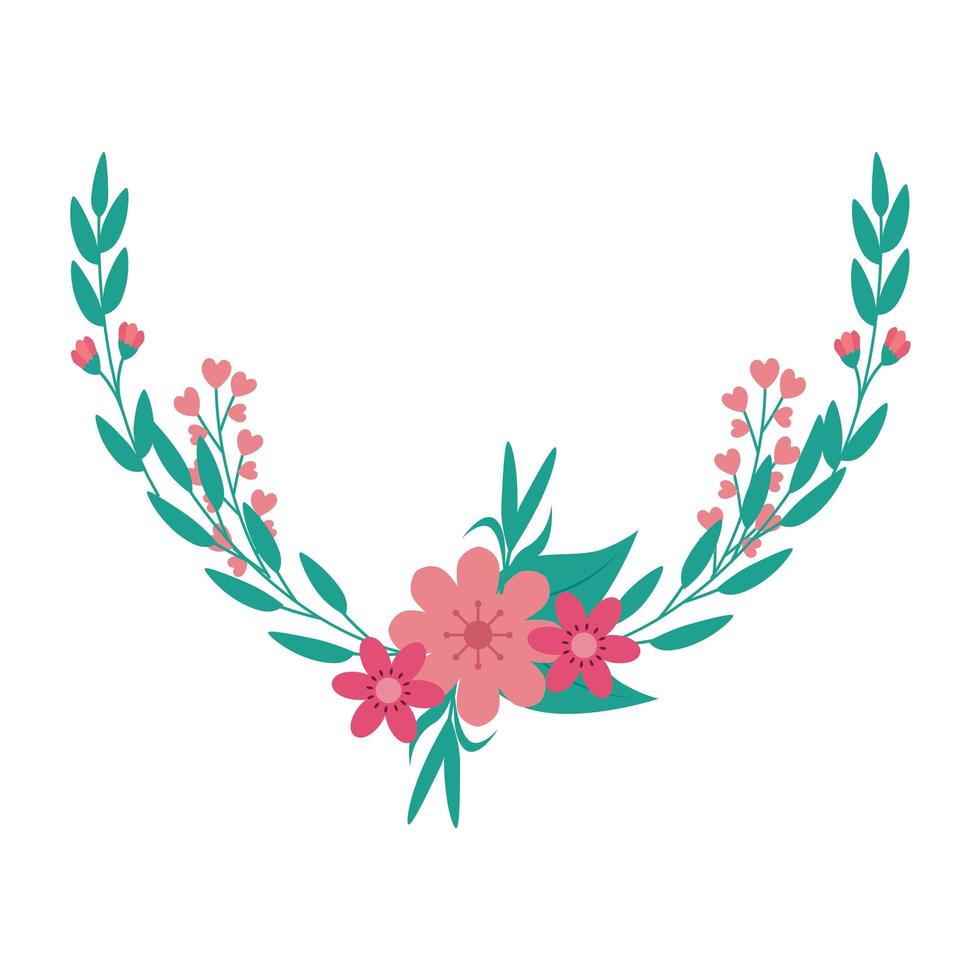 simpatici fiori rosa con rami e foglie vettore