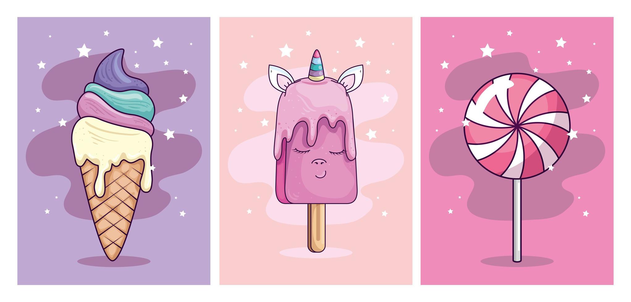 carino unicorno gelato kawaii con icone carine vettore