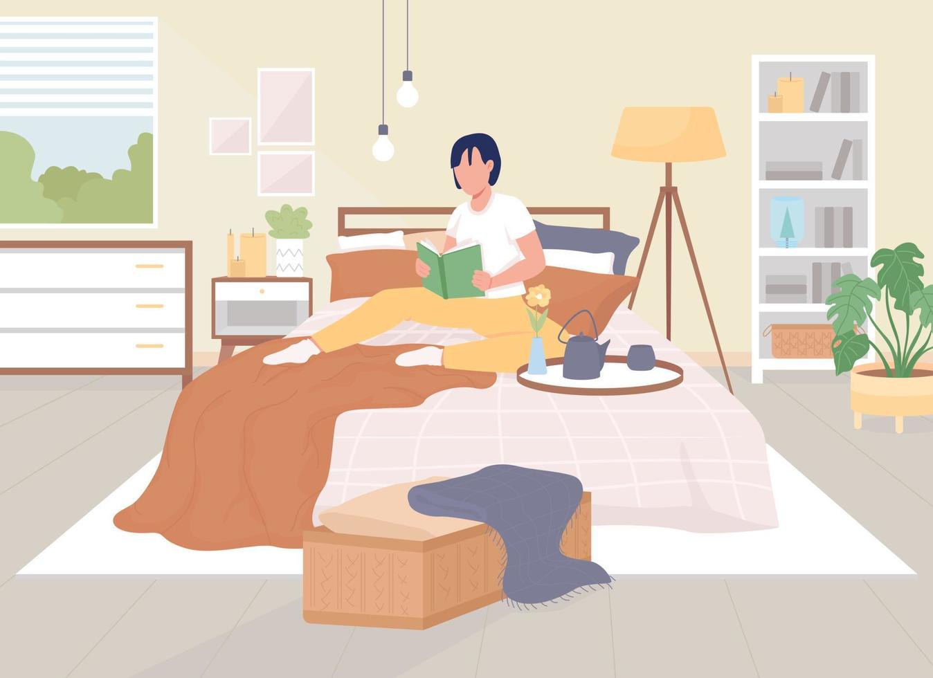 lettura sul letto a colori piatti illustrazione vettoriale