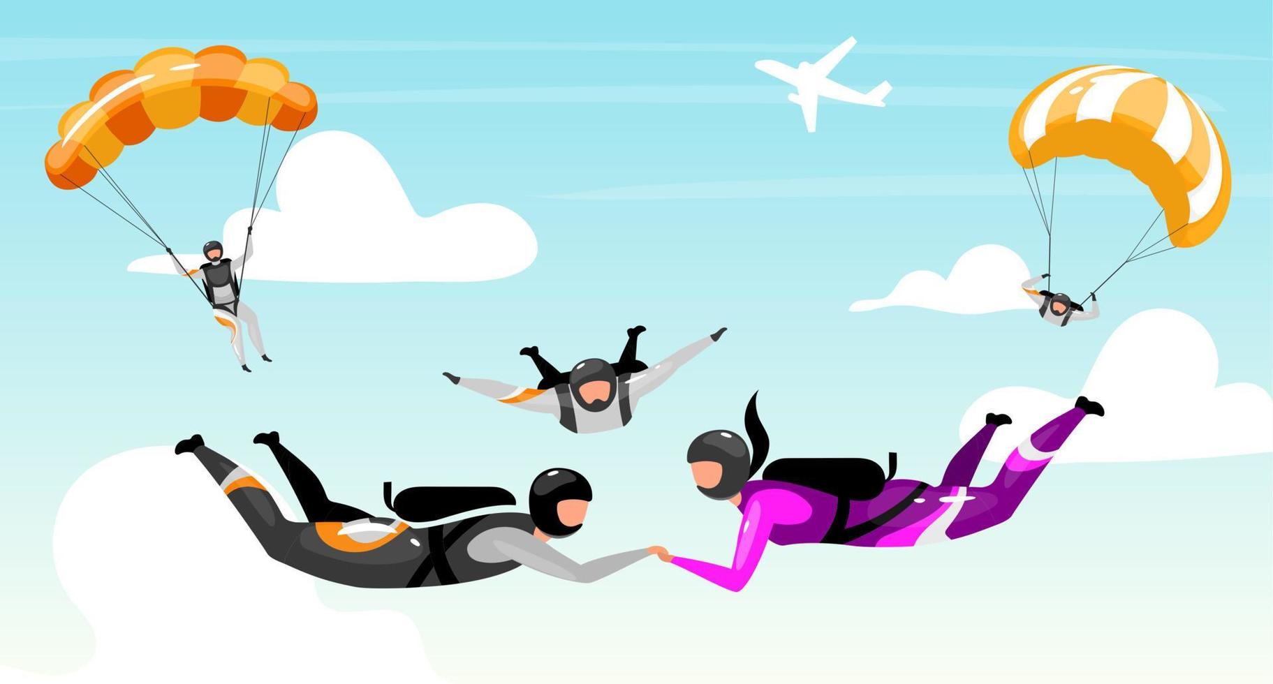 illustrazione vettoriale piatto paracadutismo. coppia attività all'aperto. sport estremi. paracadutismo di lavoro di squadra. Cloudscape, salto nel cielo. stile di vita attivo, intrattenimento divertente. personaggi dei cartoni animati di paracadutisti