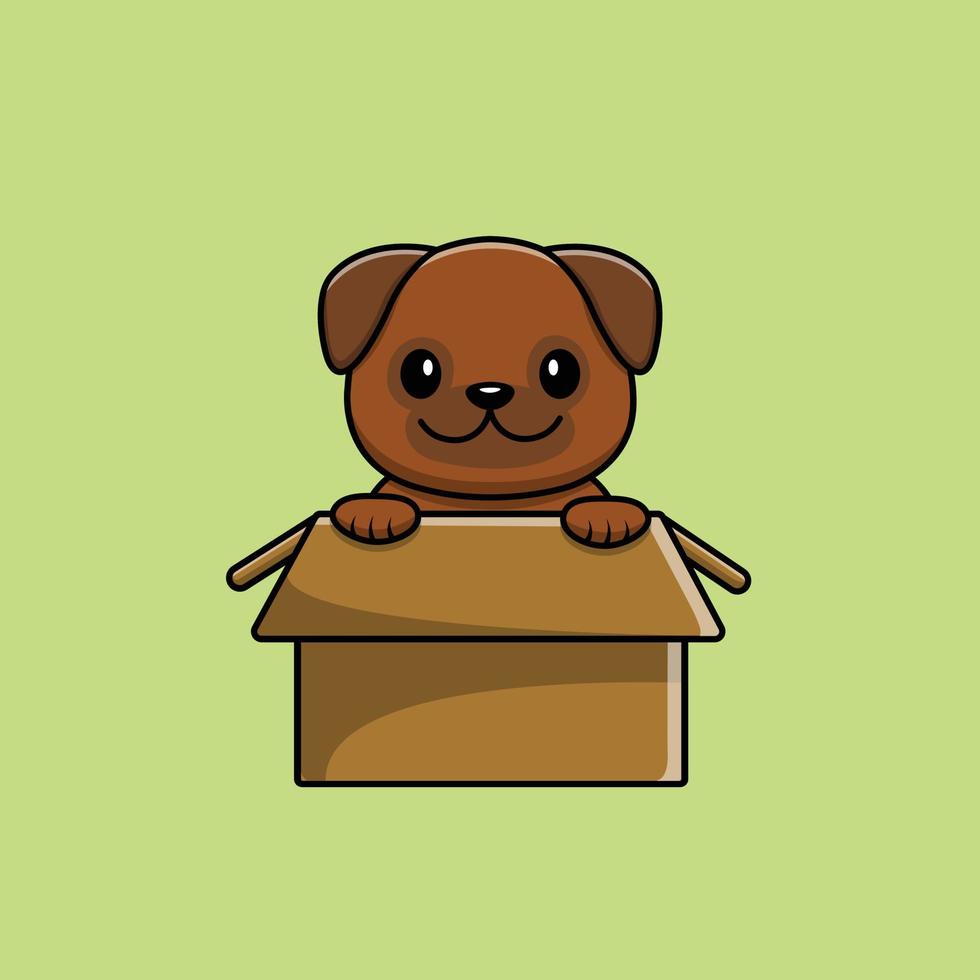 simpatico cane carlino che gioca nell'illustrazione dell'icona di vettore del fumetto della scatola