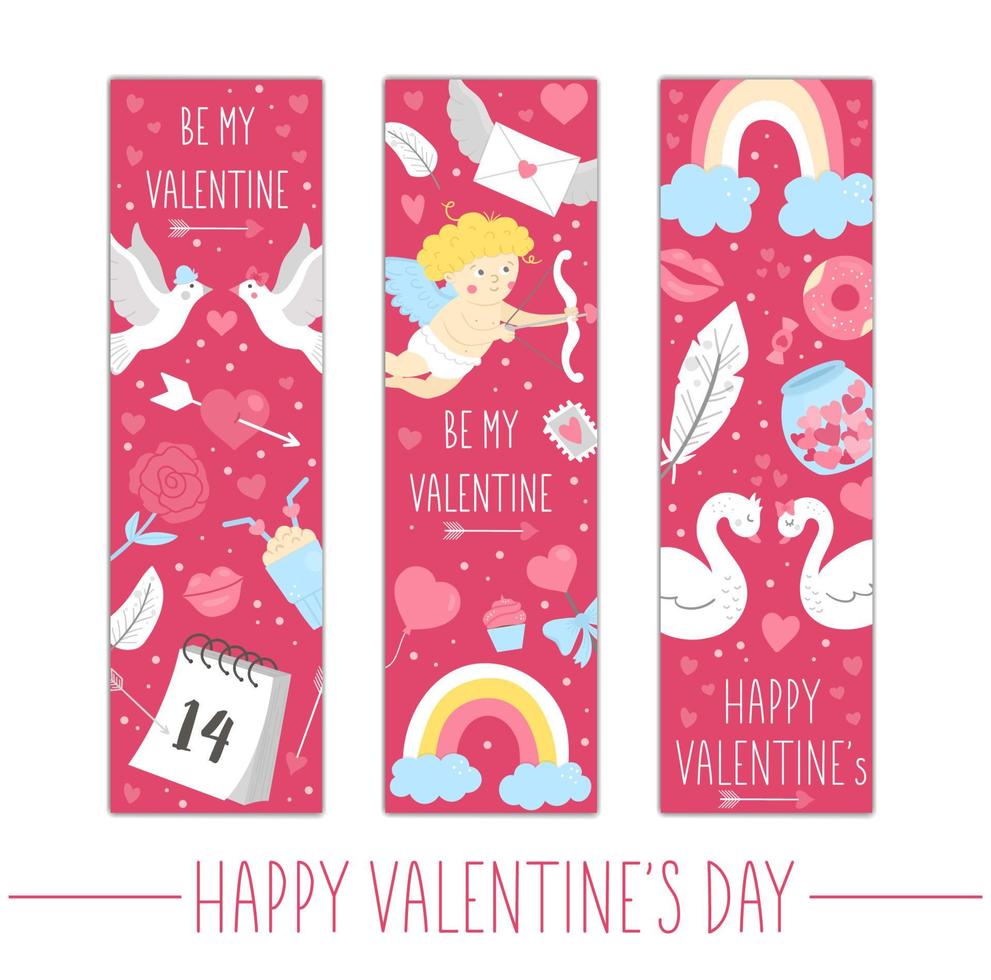 set di segnalibri di San Valentino o modelli di biglietti di auguri. poster o inviti di vacanze d'amore verticali. brillante cornice rosa illustrazione con simboli tradizionali. sii il mio disegno di San Valentino vettore