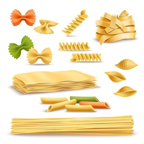 Set di icone realistiche assortimento di pasta secca vettore